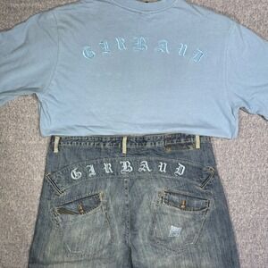 Girbaud Rare Mens Blue T Shirt & Denim Cargo Shorts Set Embroidered Logo Size L
